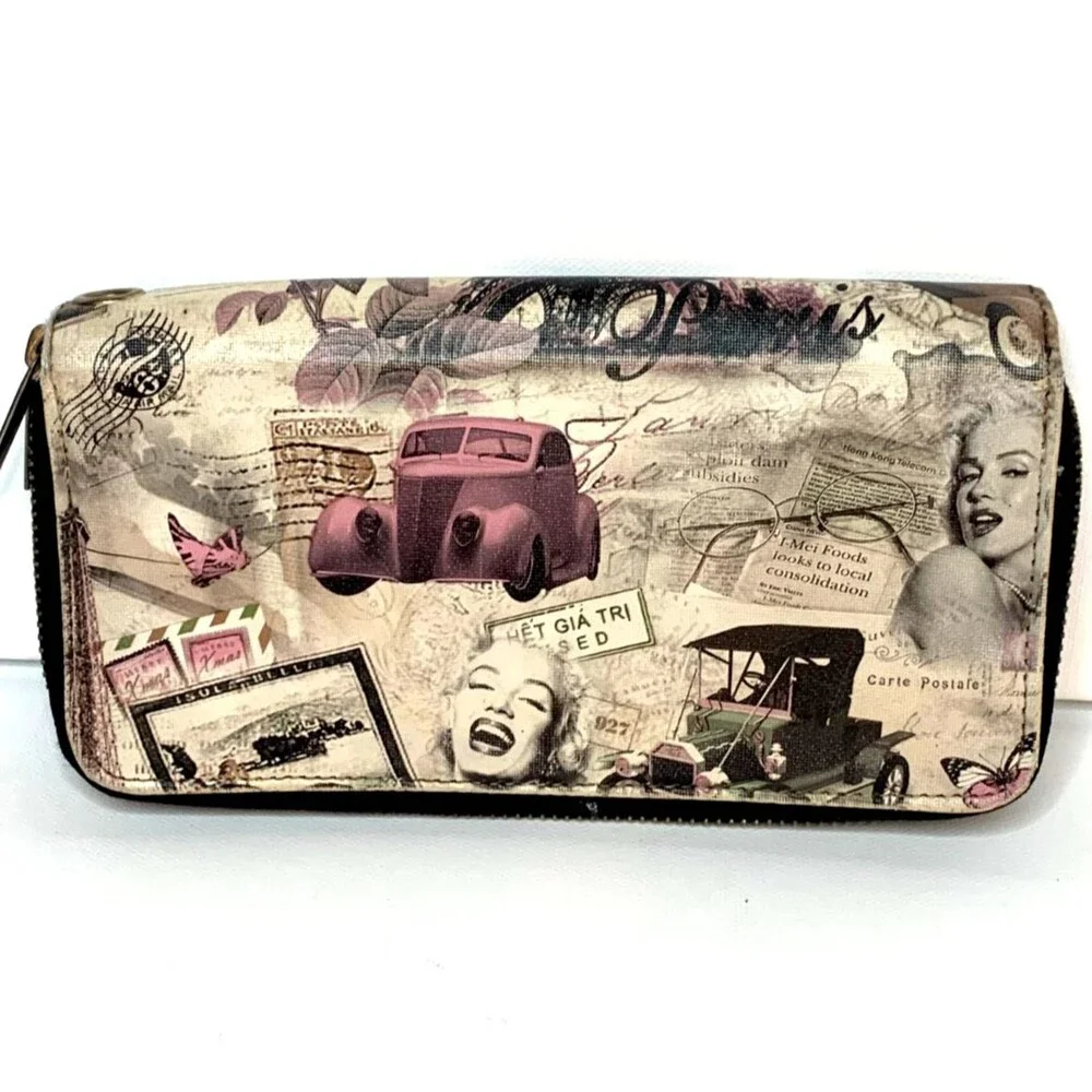 Retro Marilyn Monroe Eiffel Tower Vintage Collage Double Zip Wallet